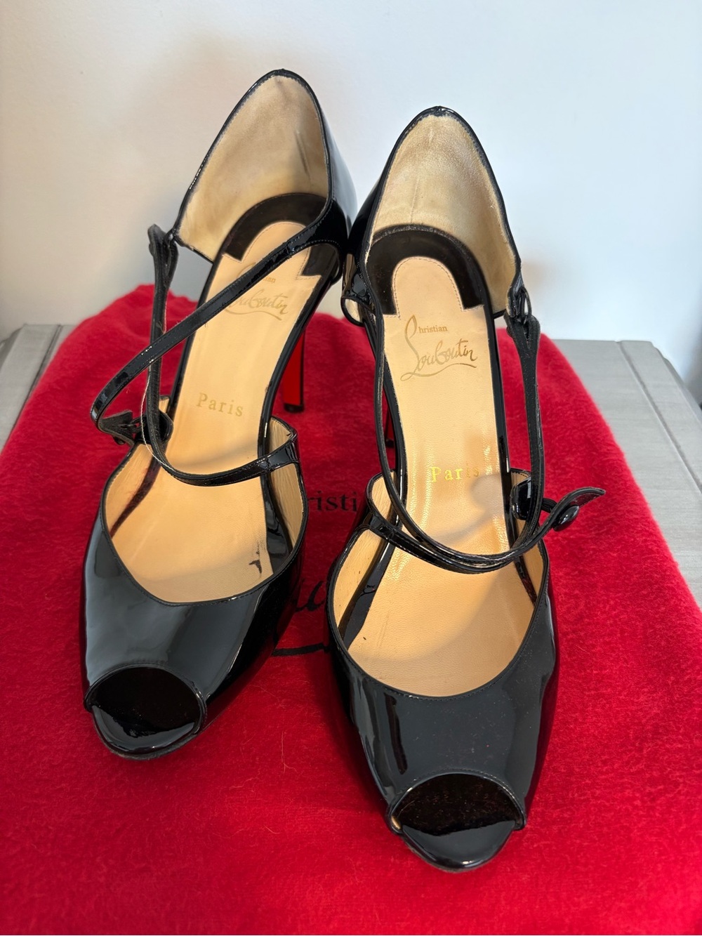 Christian Louboutin Black Patent Peep-Toe Strappy Pumps